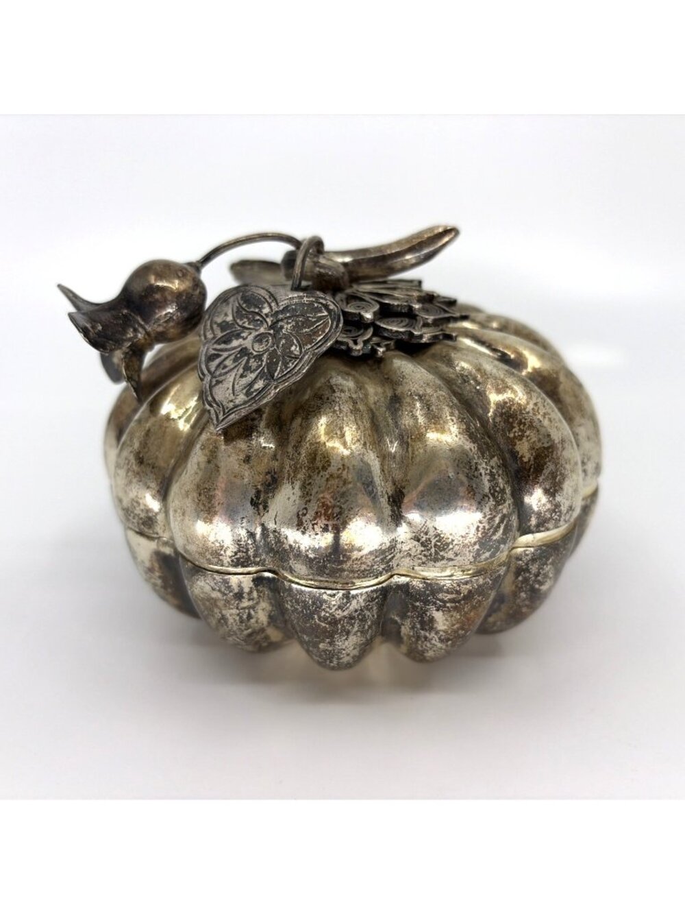 Vintage Cambodian Silver Plate Pumpkin Betel Nut Box Ornate Lidded Trinket Box